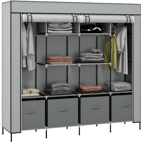 HOMCOM Fabric Wardrobe for Bedroom Portable 166 x 42.5 x 169.5cm Dark Grey | Cloth Wardrobe, 10 Compartments, 2 Hanging Rails, 4 Fabric Drawers