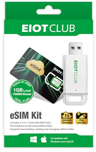 EIOTCLUB eSIM Adapter & Reader Kit, for iPhone, Android, SIM Slot to eSIM | USB Writer Included (PC Required for iPhone), 1.1GB Starter Data, 9 Rewritable Profiles, Global Travel, USA/ Europe