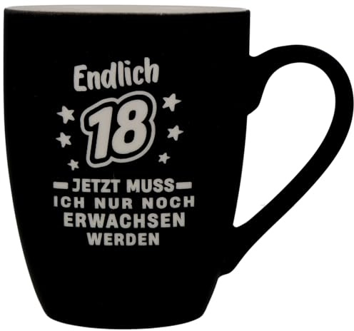Spruchreif | Soft-Touch Tasse Schwarz Endlich 18 | Beidseitig gravierte Geburtstagstasse zur Volljährigkeit | Geschenkidee für Jugendliche & Erwachsene | 350 ml