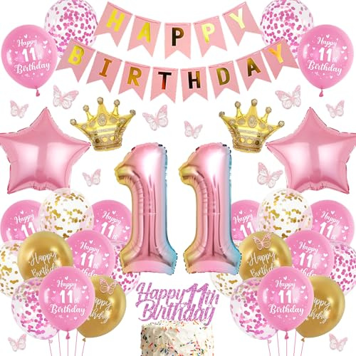batnite Luftballon 11. Geburtstag Mädchen Rosa - Happy Birthday Banner | Riesen Bunt Folienballon Zahl 11, 3D Schmetterlinge und Tortendeko Geburtstagsdeko Ballon für 11 Jahre Geburtstag Deko