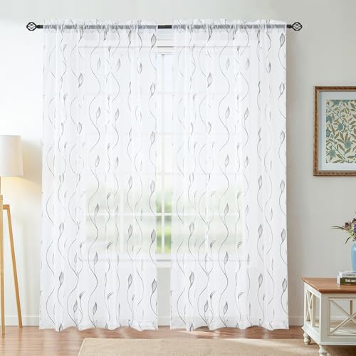Youleyar Silber Folie Druck Sheer Vorhänge, 2 Panels Wicker Bronze Behandlung Sheer Vorhang, Rod Taschenfenster Behandlung Panels für Schlafzimmer Wohnzimmer, W140 cm x H145 cm