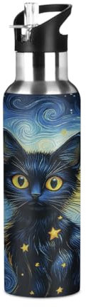 Mexpekil Botella de agua de gato con pajilla, pintura al óleo, galaxia, gato, aislada, deportiva, botella de agua de acero inoxidable, botellas de bebida a prueba de fugas para niños, niñas, niños