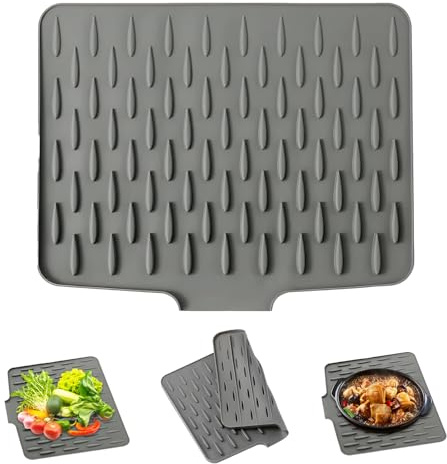 Silicone Dish Drying Mat, Silicone Draining Mat for Kitchen Sink, Draining Board Mats, Dish Drainer Mat with Non-Slip Design, Heat Resistant Trivet Countertop Protector, Easy to Clean, 36x28 CM, Grey