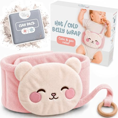 Baby Colic & Gas Relief Heating Tummy Wrap - Hot & Cold Clay Pack - UKCA | For Bruises & Gassy Belly - Wooden Teether, Soft Plush Swaddle Band, Premium Belt for Infant Newborn