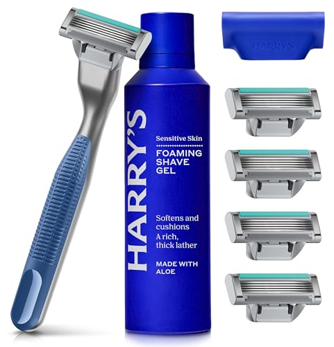 Harry's Plus Razor for Men - Starter Set - 1 Premium Handle with 5 Razor Refills, 60ml Foaming Shave Gel and Travel Blade Cover - Blue