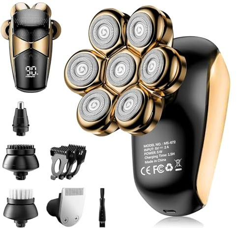 SHPAVVER Head Shavers for Bald Men: 5-in-1 Upgraded Electric Razor - IPX7 Waterproof Shaving Grooming Kit for Balder - Turbo Speed & Precision Blades (Ink Gold)