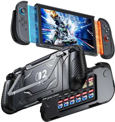 FYOUNG Switch 2 Dockable Case & Hard PC Front Cover with 12 Card Slots | Shock-Proof & Anti-Scratch Shell for Switch 2 Accessories with Extra Kickstand,Soft TPU Removable Ergonomic Grip for Joy-cons