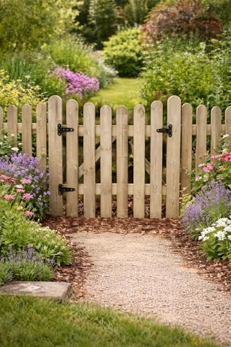 Wooden Garden Under Arched Picket Gate Pressure Treated Timber Pedestrian Fence Gate, Outdoor Wooden Garden Gate with Picket Design (90cm High x 75cm Wide x 5cm Deep)