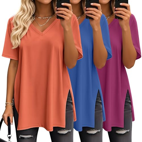 Geyoga Lot de 3 T-Shirts Oversize pour Femme, col V, Maille décontractée, Manches Courtes, Fentes latérales, Coupe Ample, Tuniques Tendance(Orange, Bleu Roi, Rouge Rose,XX-Large)