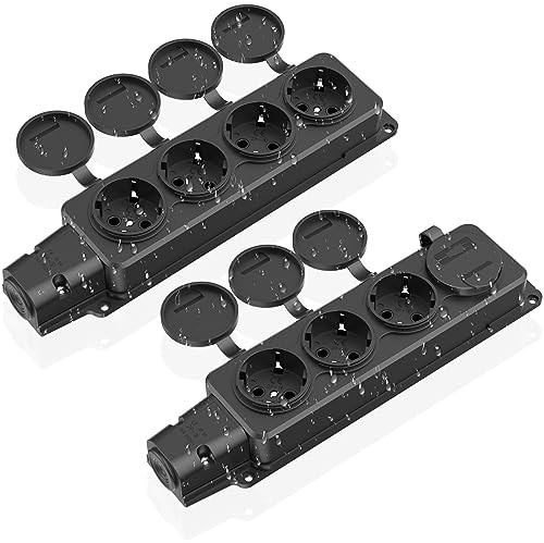 2 Stücke Steckdosenleiste für Außen, 4 Fach Steckdosenverteile mit Klappdeckeln, Außensteckdose für Garten, Außensteckdose Wasserdicht IP54, 230V/16A, 3500W, Schwarz