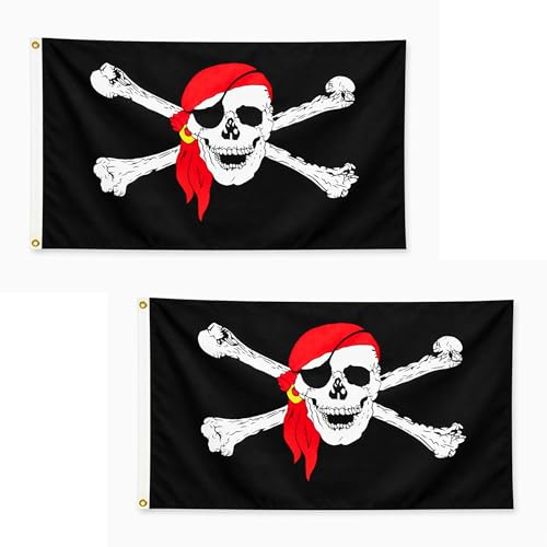2 bandiere rosse Jolly Roger Pirate sciarpa 1,5 x 0,9 m con occhielli in ottone - Striscione pirata in poliestere per feste pirata, decorazione di Halloween, bar, barca e giardino