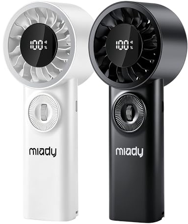 Miady 2 Pack Handheld Fan with Roll Control LED Display, Summer Gift | 3600mAh | X20 100-Speed | Portable Fan | USB-C Rechargeable | Small Personal Fan | for Travel | Office | Black+White
