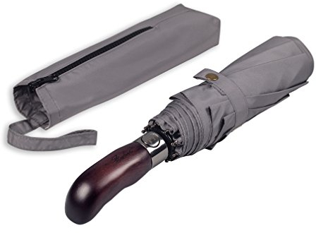 Balios® Regenschirm mit echtem Holzgriff | Auf Zu Automatik | Sturmfest & Windsicher | Damen & Herren Metalic Grau (Designed in Britain)
