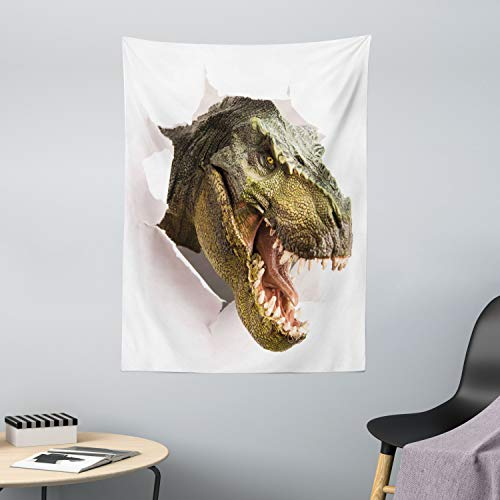 ABAKUHAUS Dinosaurier Wandteppich, Dino zerreißt Papier aus Weiches Mikrofaser Stoff Waschbar ohne Verblassen Digitaldruck, 110 x 150 cm, Armeegrün Weiß