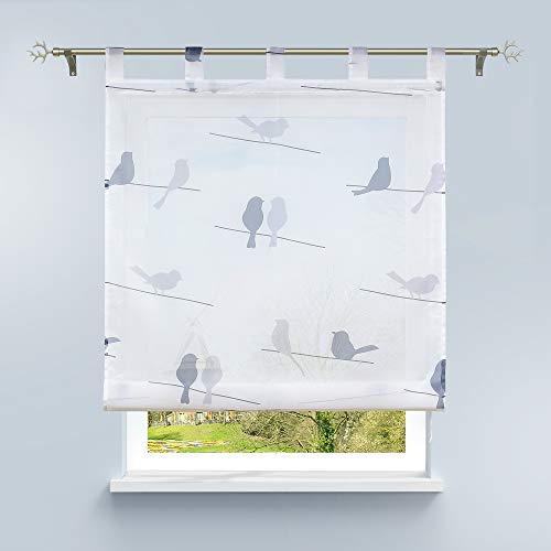 HongYa Raffrollo Voile Schlaufenrollo Transparente Raffgardine mit Schlaufen Küche Vorhang Kleinfenster H/B 140/100 cm Vogel Muster
