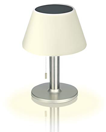 EASYmaxx LED Solar Tischlampe In- & Outdoor Je nach Helligkeitsstufe zwischen 4-8 Stunden Leuchtdauer Warmweißes LED-Licht [Silber] MAXXMEE