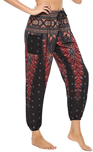 Doaraha Damen Hippie Hose Haremshose Boho Gemustert, Pumphose mit Taschen,Lose Freizeithose Yogahose Bunt Indischer Stil, Yoga Pilates Hosen (Pfau Schwarz, S)