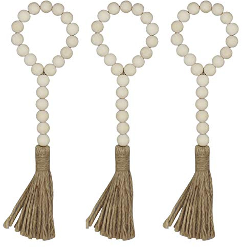 CVHOMEDECO. Guirnalda de Cuentas de Madera con borlas 3 Piezas Granja de Madera rústica Cadena de Cuentas de oración Acento para Colgar en la Pared para decoración de Festivales en el hogar. Natural