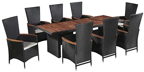 Tidyard 9-TLG. Garten Essgruppe, Terrassenmöbel Set 8 Personen, Tisch mit Holz-Tischplatte & 8 Verstellbarer Sessel mit Auflagen, Gartenmöbel Set Sitzgruppe Poly Rattan Schwarz