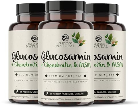 Surpresa Natural Glucosamin Chondroitin & MSM Kapseln hochdosiert I 3x 195 Kapseln I 4500 mg pro Tagesdosis I Nahrungsergänzungsmittel ohne Zusatzstoffe & laborgeprüft I 1 Monatsvorrat