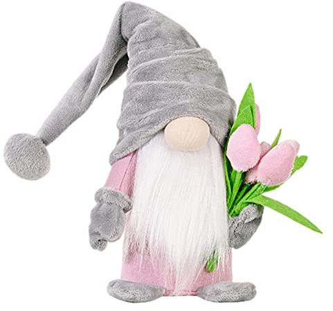 Frühlingswichtel,Stehende Niedliche Wichtel mit tulpen Blumensträuße Süßer Zwerg Wichtel Figuren Geschenk für Frauen Mama Hochzeitstag Freundin Ehefrau Muttertag Dankeschön Osterdekoration 37cm Grau