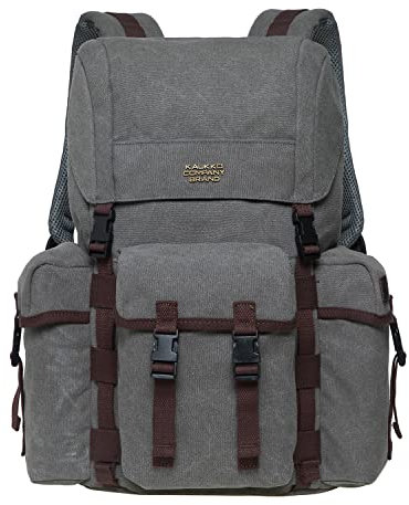 KAUKKO Canvas Retro Rucksack Damen Herren, Vintage Jagdrucksack Wanderrucksack mit 14 Zoll Laptopfach für Arbeit, Ausflüge, Uni, 18L, Grau-K1017