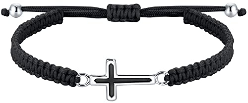 J.Endéar Kreuz Armband für Damen, Silber 925 Handgefertigtes Filigranes Armband Verstellbare Kordel Schmuck Kommunion Geschenk für Mädchen Glücksamulett für Herren Männer, Schwarz