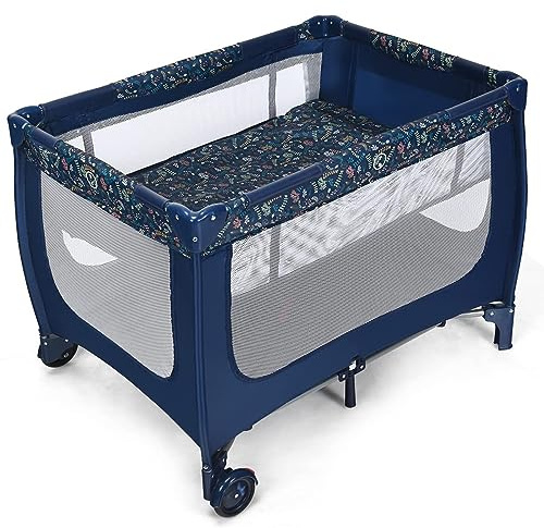 DREAMADE 2 in 1 Babybett, 125 × 65cm Beistellbett Faltbar, Baby Reisebett mit Rädern & Bremse, Kinderbett Laufgitter für Baby ab Geburt bis 36 Monate (Blau)