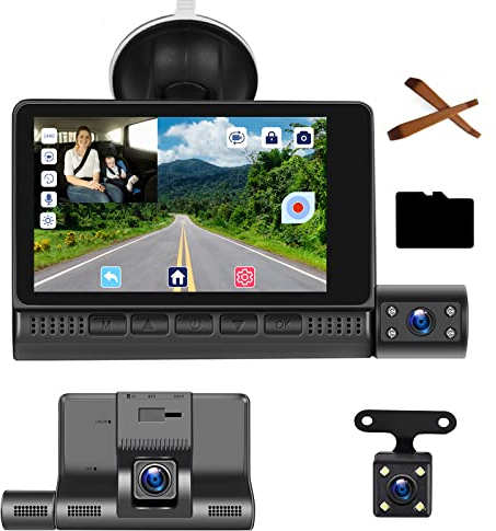Telecamera Auto Dash Cam FHD 1080P 4 Pollici Touch Screen, 3 Telecamere - Frontale Interna Posteriore, G-Sensor, Registrazione in Loop, Sensore Movimento, Monitor di Parcheggio, WDR, SD 32GB DashCam