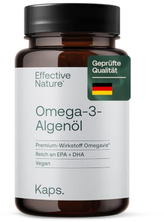 Effective Nature - Hochdosiertes Omega-3 aus Mikroalgenöl - 1550 mg Algenöl | Premium Rohstoff Omegavie - Pro Tag 576 mg DHA und 288 mg EPA - vegan, laborgeprüft, ohne Zusätze