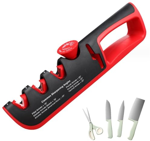 Knife Sharpener, 4 in 1 Manual Kitchen Knife & Scissor Sharpeners, Adjustable Angel to Fit All Knives Styles