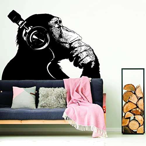 Wandtattoo Affe mit Kopfhörern Musik Straßenkunst Graffiti Gorilla Idee Zuhause Wohnzimmer Schlafzimmer Mode Wandbild 80 cm x 57 cm