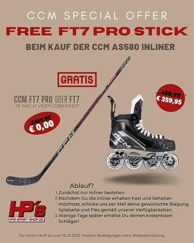 CCM Tacks AS 580 Inliner Intermediate + FT7 Pro Schläger kostenlos dazu!, Weite :D, Größe:5.5 = 39