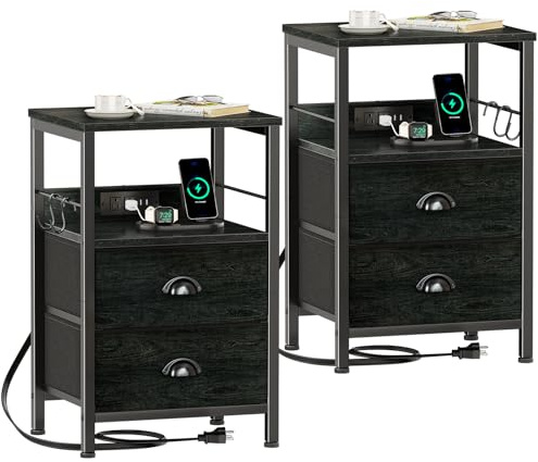 Furologee Nachttisch 2er Set, Schwarze Eiche, mit Ladestation und USB-Anschlüssen, Beistelltische mit 2 Stoffschubladen, Nachttische mit Ablageregal & Haken, für Wohnzimmer/Schlafzimmer