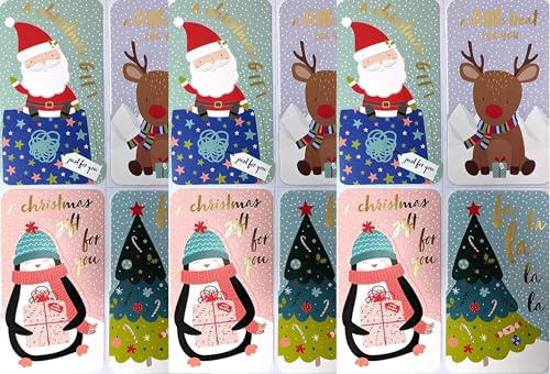 12 Christmas Money Wallets with White Envelopes – Festive Gift Card Holders – Santa, Reindeer, Christmas Tree & Penguin Designs – 16 × 9 cm