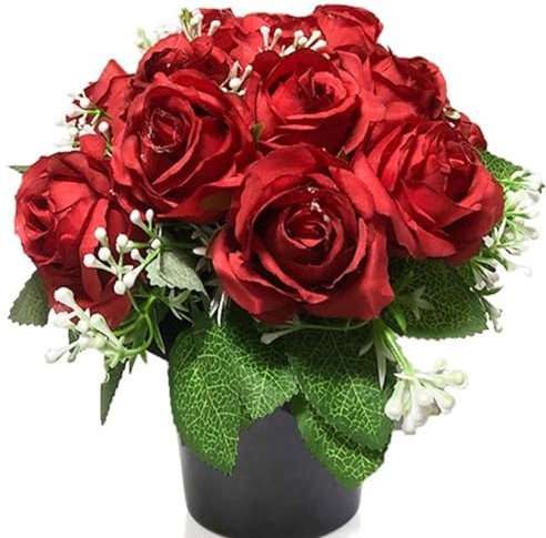 Etomvoop Grabblume mit Topf, 12 Rot Rose Wie echt künstliche Seide Blume für Gedenkfriedhof dekorativ