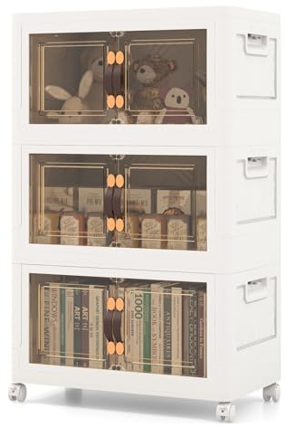 CASART Shoe Storage Box, 3/4/5 Tier Plastic Storage Boxes with Lids, Magnetic Doors & Wheels, Stackable Collapsible Organizer for Bedroom, Living Room, Entryway, Kitchen (3-Pack 130L)