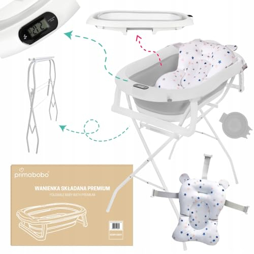 Primabobo Baignoire bébé pliante - baignoire pour bébé pliable avec un oreiller de bain (Premium gris (Oreiller, thermomètre), Baignoire pliable avec support)