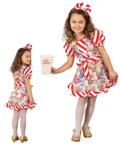 KarnevalsTeufel Kostüm Outfit Süßes Bonbon - Kleid Candy mit Haarreif und Gürtel kurzarm bunt knielang Schlaraffenland Sweets (116)