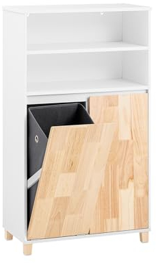 SoBuy Wäscheschrank mit ausklappbarem Wäschesack Wäscheschrank mit 2 Fächern Badmöbel Badschrank Badregal Weiß-Natur BHT ca. 64x110x33cm BZR143-WN
