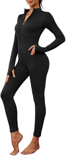 Voqeen Jumpsuit Damen Langarm Zip Up Leggings V-Ausschnitt Yoga Overall Elegant Playsuits Jogging Strampler Hosenanzug Trainingsanzug