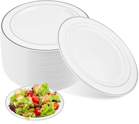 Akamino 40 Pcs Plastic Plates With Silver Rim, 26cm / 10 Inch Round Unbreakable Dinner and Dessert Set for Wedding, Picnic, BBQ, Parties, Catering
