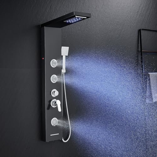 KINKIBOS Torre LED Con Mezclador, 6 Modos: Lluvia, Cascada, 2 Chorros de Masaje Corporal, Ducha de Mano y Boquilla de Bañera - Columna de Acero Inoxidable
