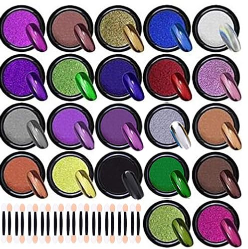 EnMart Polvo Holográfico para Uñas 22 Colores, Pigmento Brillante, Cromo Dorado, Incluye 22 Pinceles Pequeños