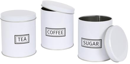 Harbour Housewares 3pc Round Metal Tea Coffee Sugar Canisters Set - White - Kitchen Storage Tin Caddy Container Tea Coffee and Sugar Canister Jars with Lid
