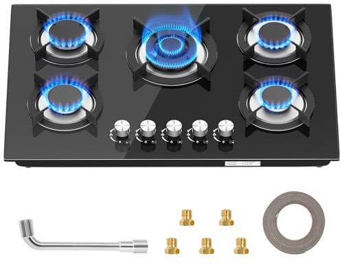 Placa de Gas,Placa de cocción a gas 5 fuegos, autosuficientecon protección térmica automática,Cocina empotrable vidrio,convertible NG/LPG,10500 watt