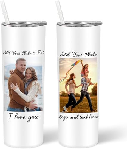 EKAM Personalised Coffee Tumbler with Picture & Text - Personalised Travel Coffee Mug, 20oz Stainless Steel Tumbler Cup with Straw and Lid, Custom Cup Gift for Christmas Day, Birthday, Any Occasion