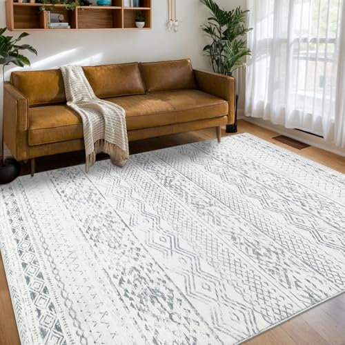 Homcomodar Boho Teppich Wohnzimmer Grau 160x230cm Waschbarer Teppich Schlafzimmer Kurzflor Teppiche Kinderzimmer für Wohnzimmer Esszimmer