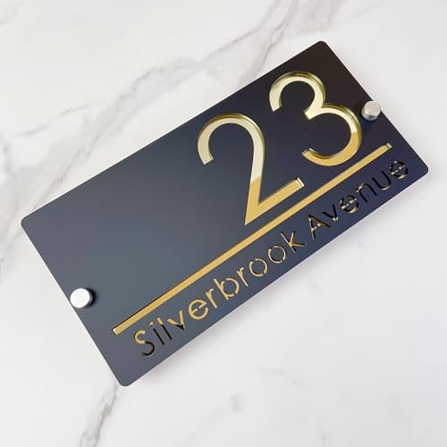Placa de número de casa al aire libre, Diseño suspendido placa de número de casa personalizada, letrero de nombre de calle 3D cortado con láser acrílico moderno (negro&oro)