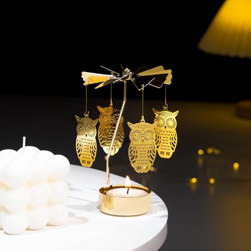 Toptime Teelichthalter Karussell, Goldener Drehbarer Kerzenhalter mit Eulenmuster für Tischdeko, Metall Teelicht für Wohnzimmer Deko, Kerzenhalter für Weihnachten, Geburtstag, Hochzeit, Partydeko